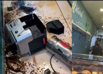 Vídeo mostra homem em surto quebrando tudo que vê pela frente em loja de Poços