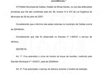 Caldas altera horário de toque de recolher