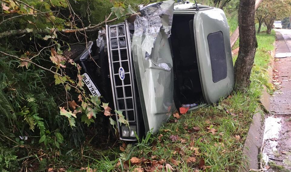 Caminhão bate em poste e tomba