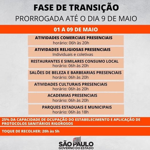 SÃO PAULO | SP prorroga fase de transição com horário estendido para comércio e serviços