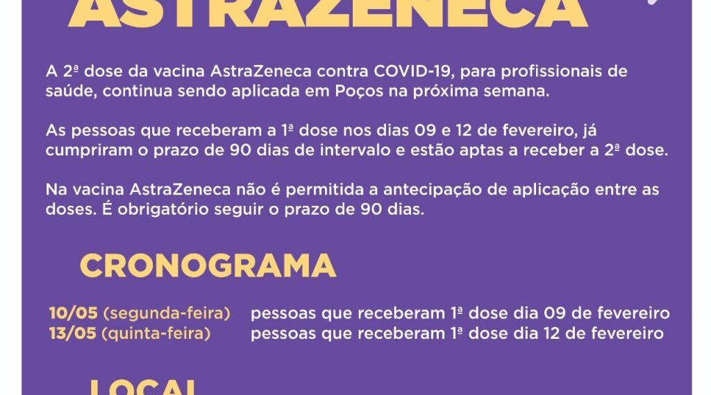 POÇOS DE CALDAS | A aplicação da 2ª dose da vacina Astrazeneca continua na próxima semana