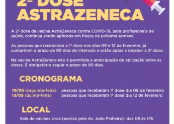 POÇOS DE CALDAS | A aplicação da 2ª dose da vacina Astrazeneca continua na próxima semana