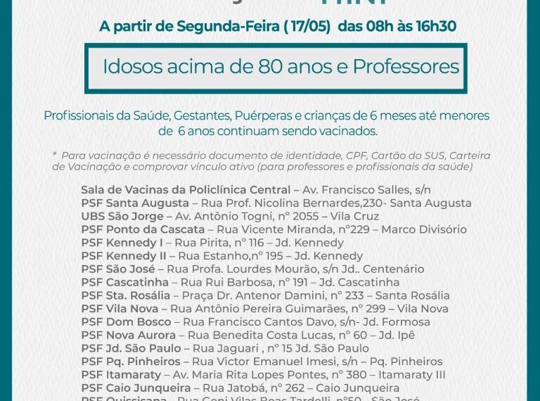 POÇOS DE CALDAS | Idosos a partir de 80 anos e professores serão vacinados contra influenza na próxima segunda-feira (17)