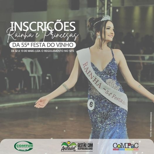 Concurso para escolha da Rainha e Princesas da 55ª Festa do Vinho tem inscrições abertas em Andradas