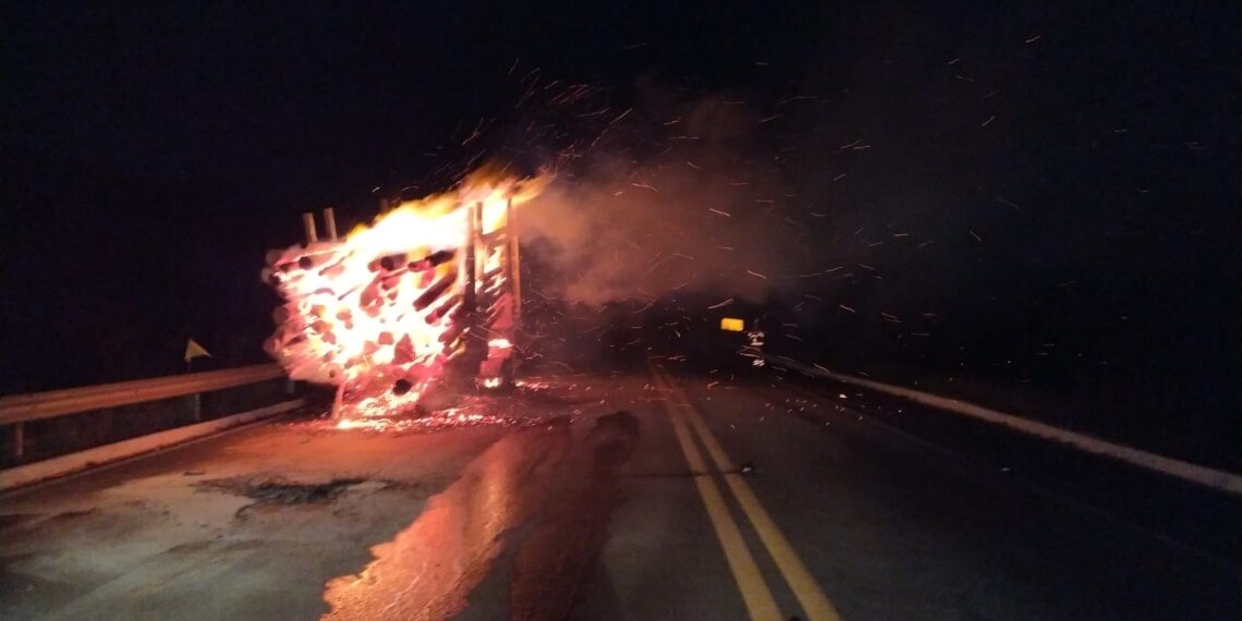 VÍDEO |Carreta que transportava eucalipto tem carga incendiada na BR-146 em Poços de Caldas
