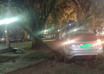 Veículo invade Praça Getúlio Vargas e danifica postes em Poços de Caldas