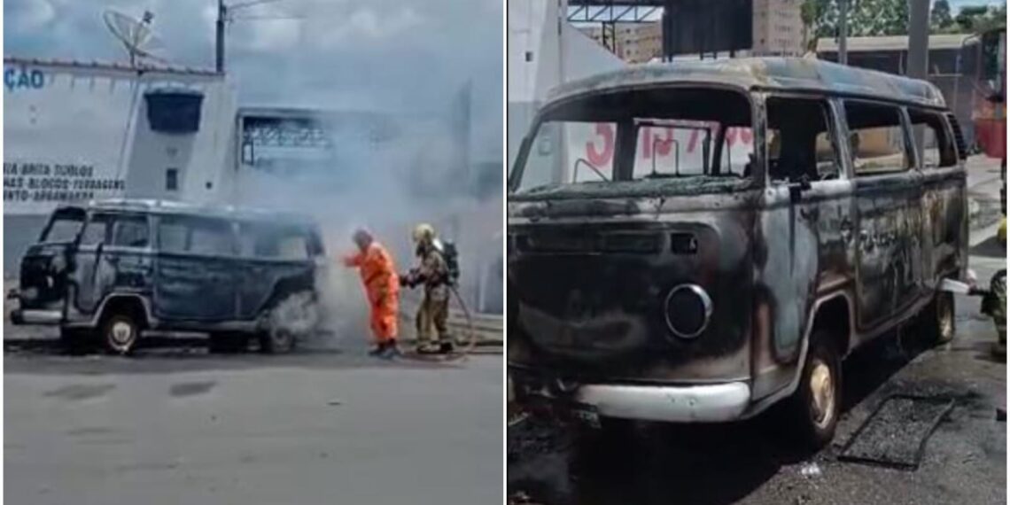 Kombi fica destruída após pegar fogo na zona Sul de Poços de Caldas