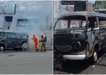 Kombi fica destruída após pegar fogo na zona Sul de Poços de Caldas