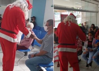 Solidariedade: Técnico de enfermagem se veste de papai noel para distribuir doces na UPA de Poços de Caldas