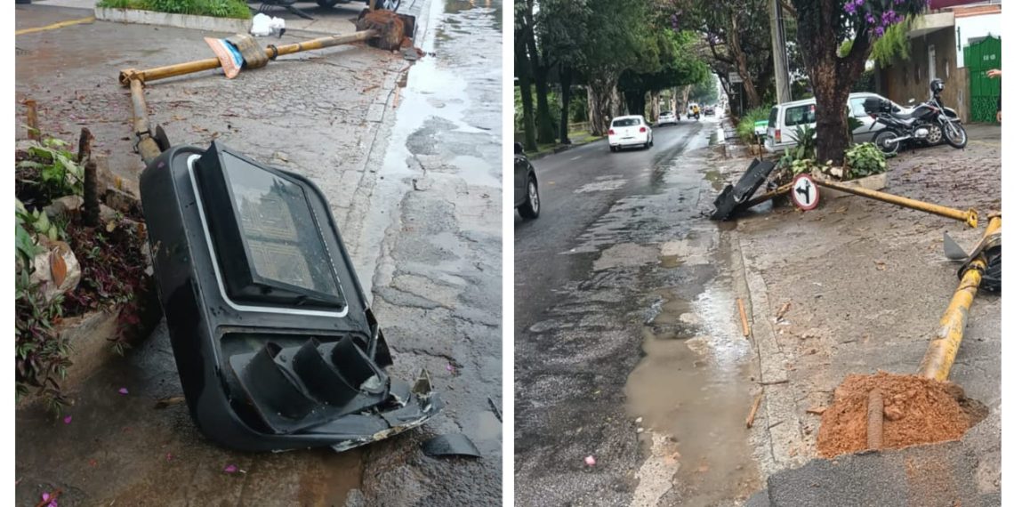 Caminhão derruba semáforo em avenida de Poços e motorista foge