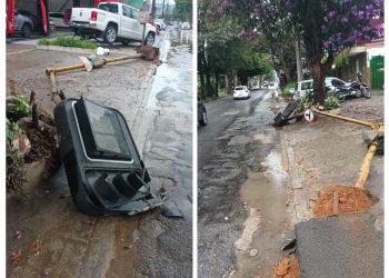 Caminhão derruba semáforo em avenida de Poços e motorista foge