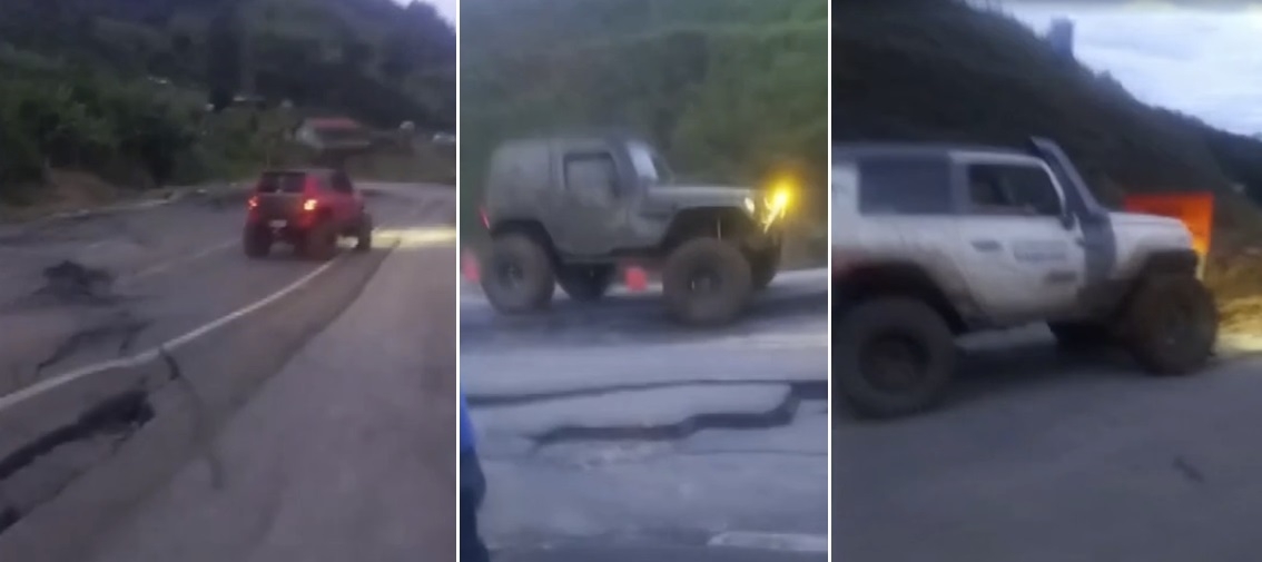 Jipeiros furam bloqueio e fazem manobras em rodovia interditada entre Poços de Caldas e Pouso Alegre