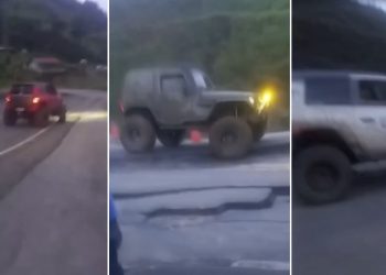 Jipeiros furam bloqueio e fazem manobras em rodovia interditada entre Poços de Caldas e Pouso Alegre