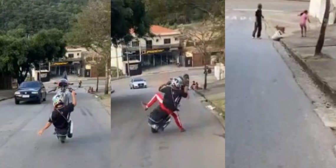 Vídeo: homem empina moto, se desequilibra e quase atinge pedestres em Poços de Caldas