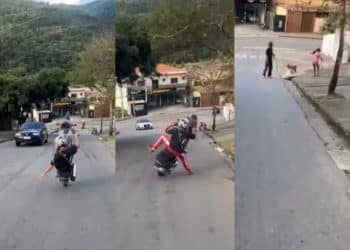 Vídeo: homem empina moto, se desequilibra e quase atinge pedestres em Poços de Caldas