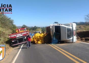 Caminhoneiro cochila ao volante e veículo tomba na MG-455