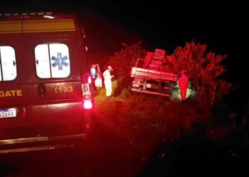 Susto: caminhão carregado com estrutura metálica sai fora da pista na BR-146