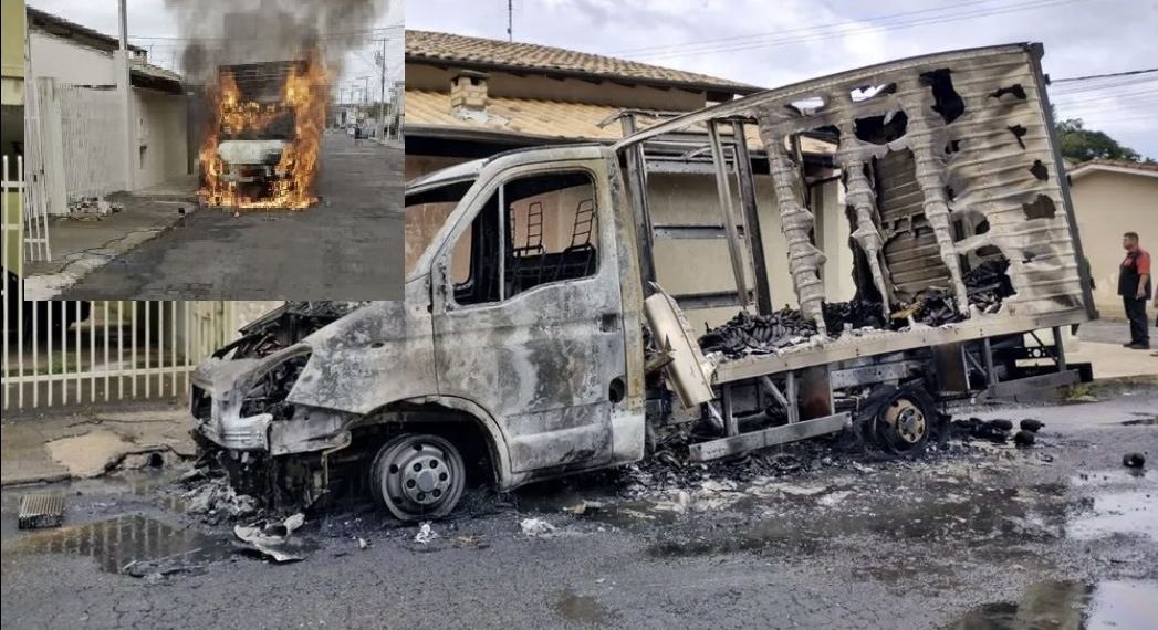 Caminhão carregado com frutas fica destruído após incêndio