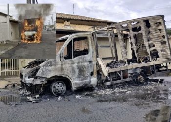 Caminhão carregado com frutas fica destruído após incêndio