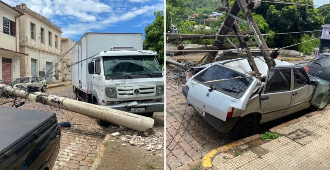 Caminhão desgovernado derruba postes e carro fica destruído em Rio Pardo