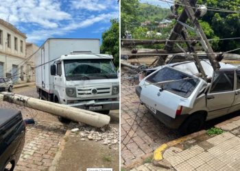 Caminhão desgovernado derruba postes e carro fica destruído em Rio Pardo
