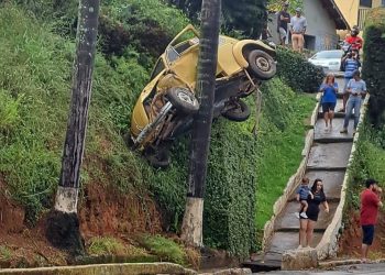 Susto: fusca perde freios e fica preso por coqueiro após cair em barranco