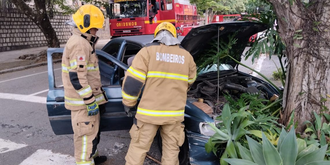Carro bate em árvore e pega fogo no centro de Poços de Caldas