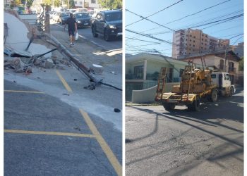 Caminhão derruba poste e arrebenta fiação em avenida de Poços de Caldas