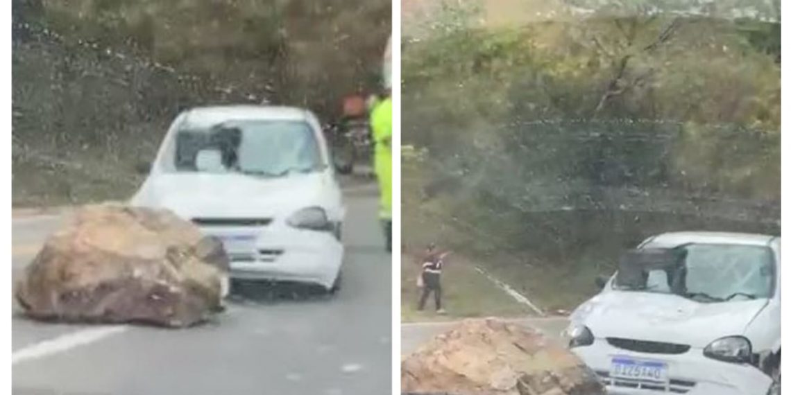 Rocha se desprende de barranco e atinge carro na MGC-146