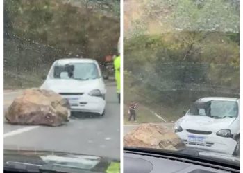 Rocha se desprende de barranco e atinge carro na MGC-146