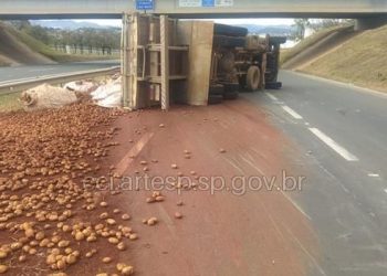 Caminhão que transportava batata tomba em São João da Boa Vista