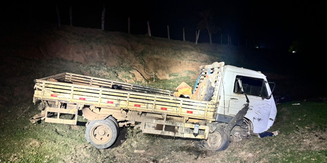 Caminhão sai da pista e cai em pasto após pneu estourar em Ibitiúra de Minas