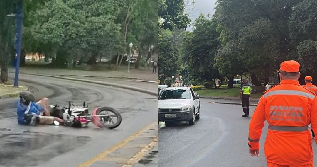Motociclista sofre acidente em mancha de óleo no centro de Poços de Caldas