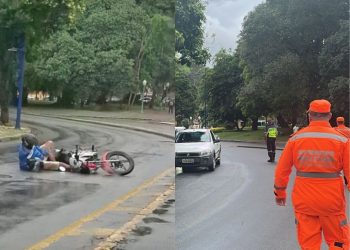 Motociclista sofre acidente em mancha de óleo no centro de Poços de Caldas