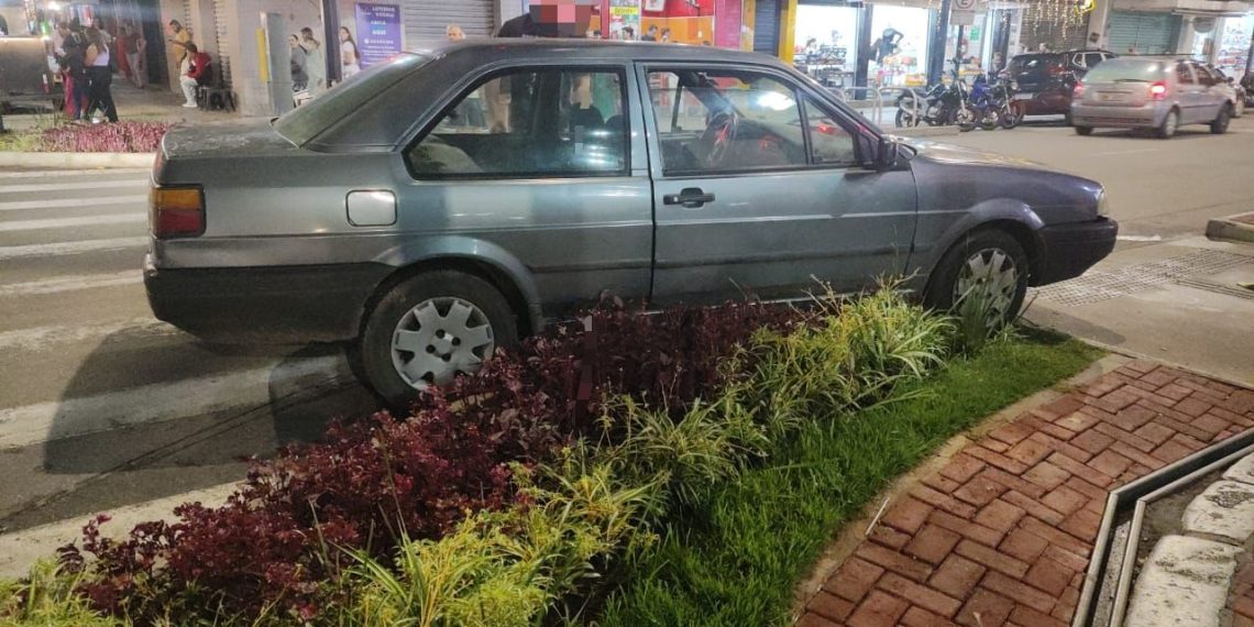 Carro invade canteiro após falha no freio no centro de Poços de Caldas