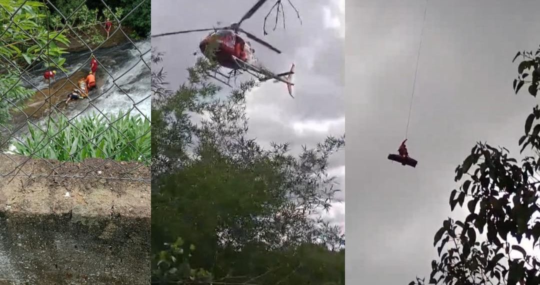 Mulher cai em cachoeira e mobiliza helicóptero e bombeiros; VÍDEO