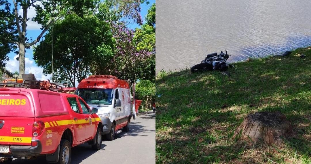 Mulher fica ferida após moto bater em meio-fio e cair na margem de lago em Machado