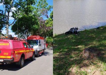 Mulher fica ferida após moto bater em meio-fio e cair na margem de lago em Machado