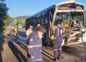 Ônibus escolar com 12 crianças colide com carreta em São José do Rio Pardo