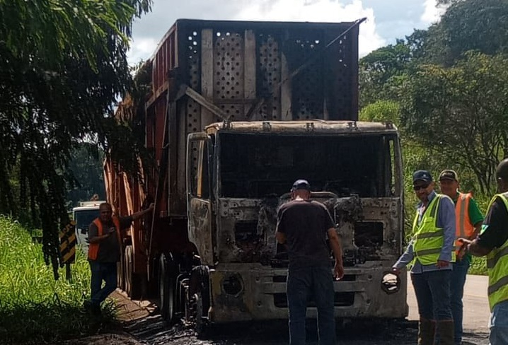 Caminhão carregado com cana-de-açúcar pega fogo na SP-332