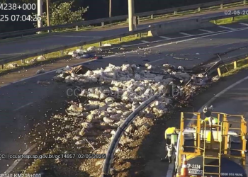 Caminhão carregado com 25 toneladas de batata tomba em Casa Branca e deixa motorista ferido
