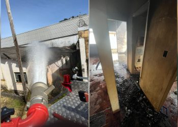 Incêndio em casas geminadas e abandonadas mobiliza equipe do Corpo de Bombeiros em Poços