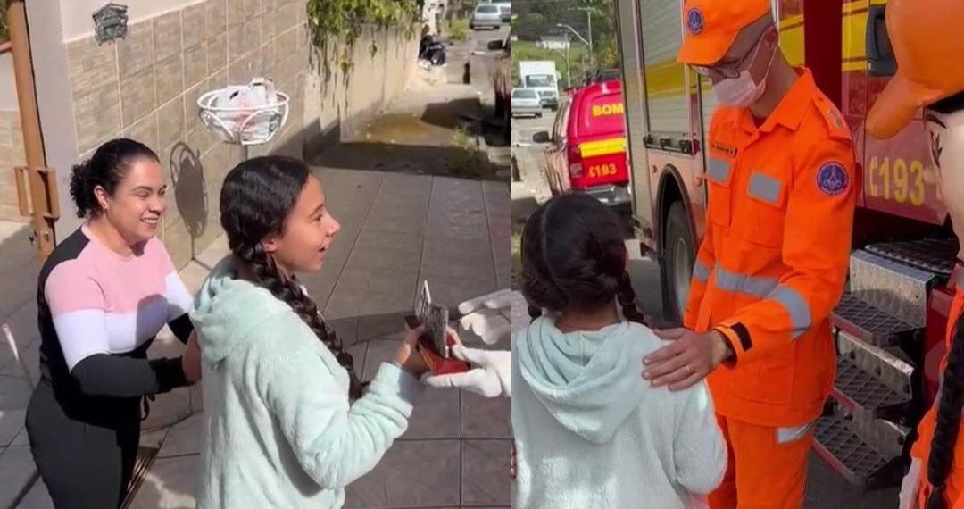 Bombeiros fazem surpresa para garota que não foi à corrida por motivos de saúde; VÍDEO