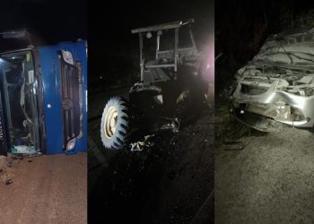 Trator sem sinalização causa acidente com carro e caminhão; dois ficam feridos