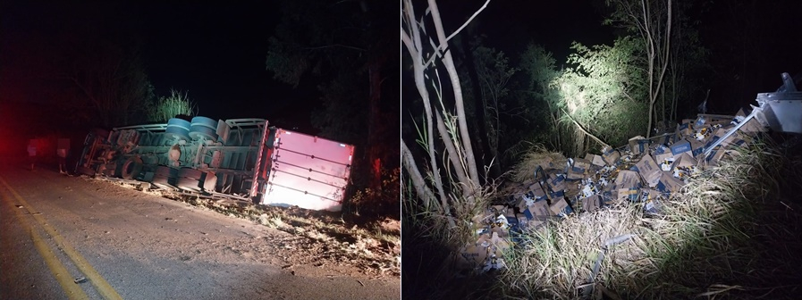 Caminhão carregado com cerveja tomba em rodovia no Sul de Minas