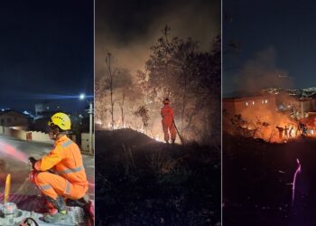 Bombeiros combatem incêndio que atingiu 5,5 hectares entre os bairros Morumbi e Jardim Vitória, em Poços