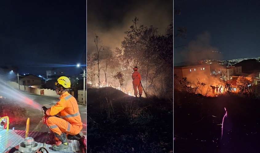 Bombeiros combatem incêndio que atingiu 5,5 hectares entre os bairros Morumbi e Jardim Vitória, em Poços