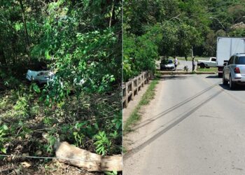 Carro atinge poste e despenca em barranco perto do Véu das Noivas em Poços de Caldas