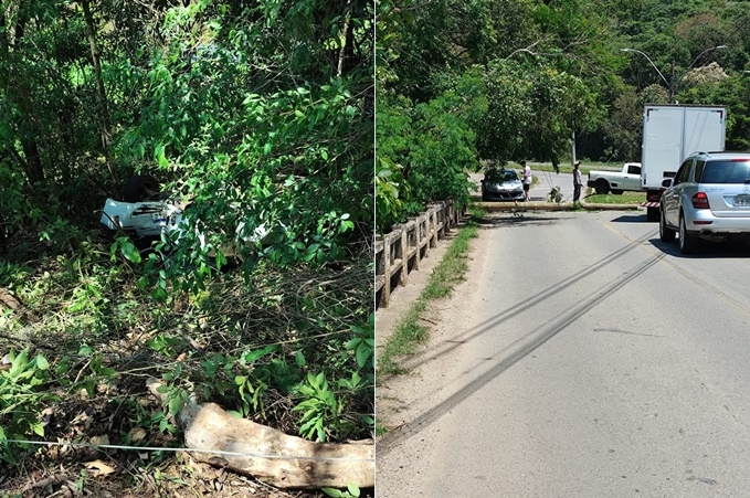 Carro atinge poste e despenca em barranco perto do Véu das Noivas em Poços de Caldas