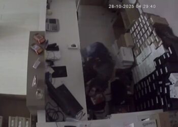 Imagens de circuito interno mostram ação de criminoso dentro de loja de sapatilhas que foi arrombada no centro de Poços